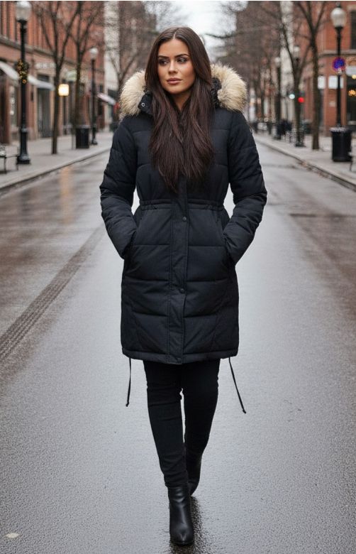 Dame vinterjakke med pels model Stavanger i sort