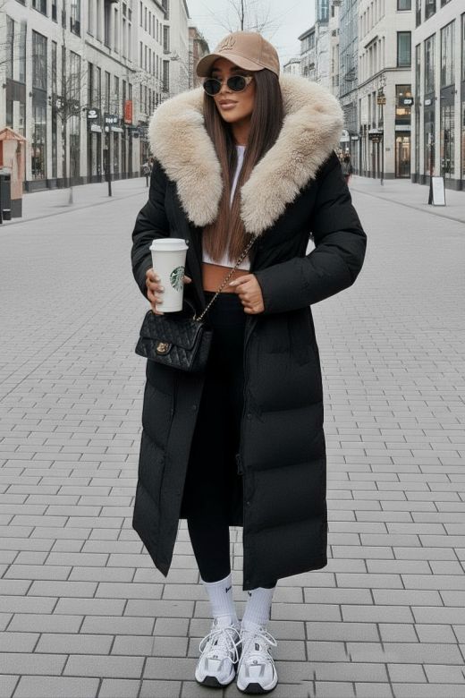 Dame vinter jakke model Carol i Sort lys pels