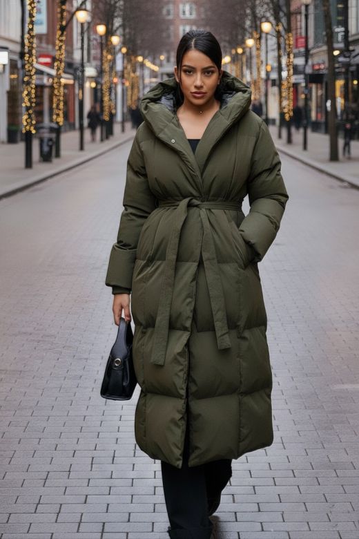 Dame Vinterjakke lang let Oversized med hætte i Olive