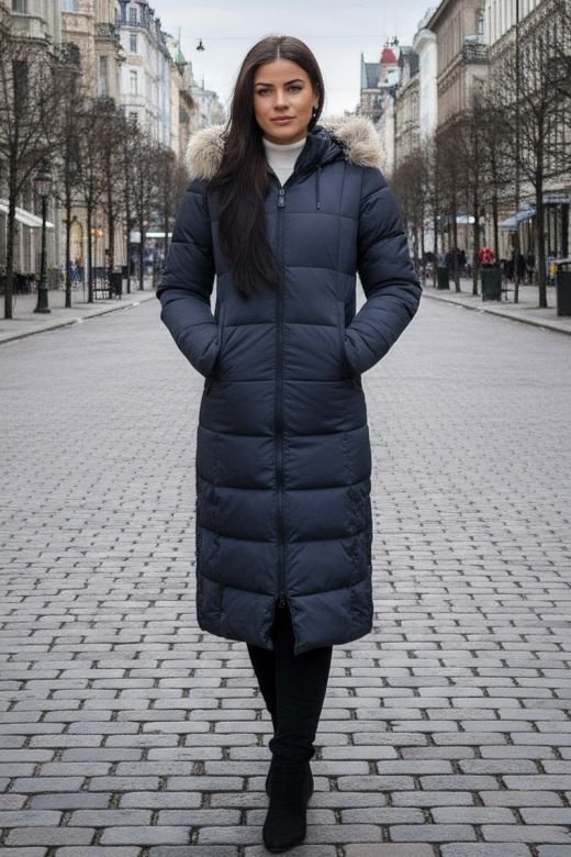 Dame Vinterjakke med aftagelig fake fur Pels model Rom - Navy Blå