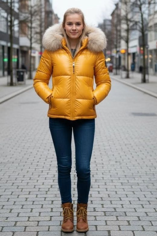 Dame Vinterjakke med stor pels model Tikunas i Gul