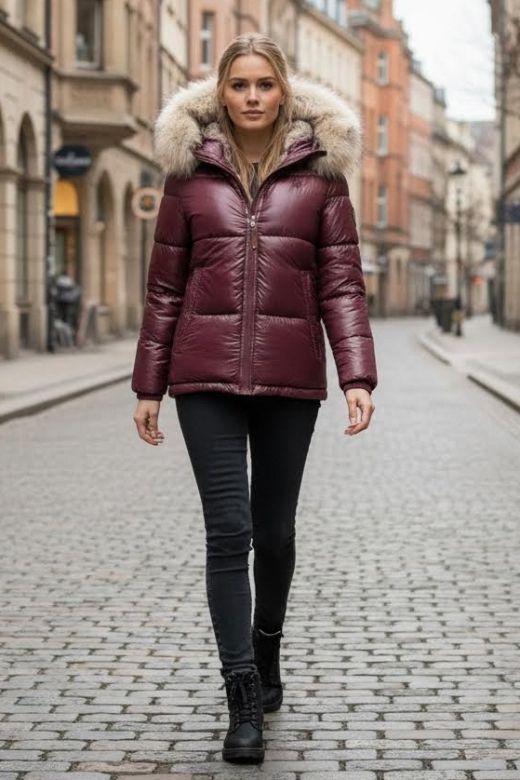 Dame Vinterjakke med stor pels model Tikunas i Wine