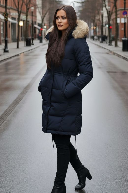 Dame vinterjakke med pels model Stavanger i Navy Blå