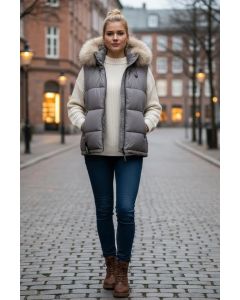 Dame dyne vest med pels model Snefnug i Grå